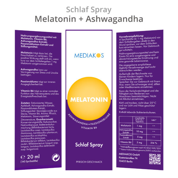 Melatonin + Ashwagandha Mediakos Schlaf Spray Verpackung