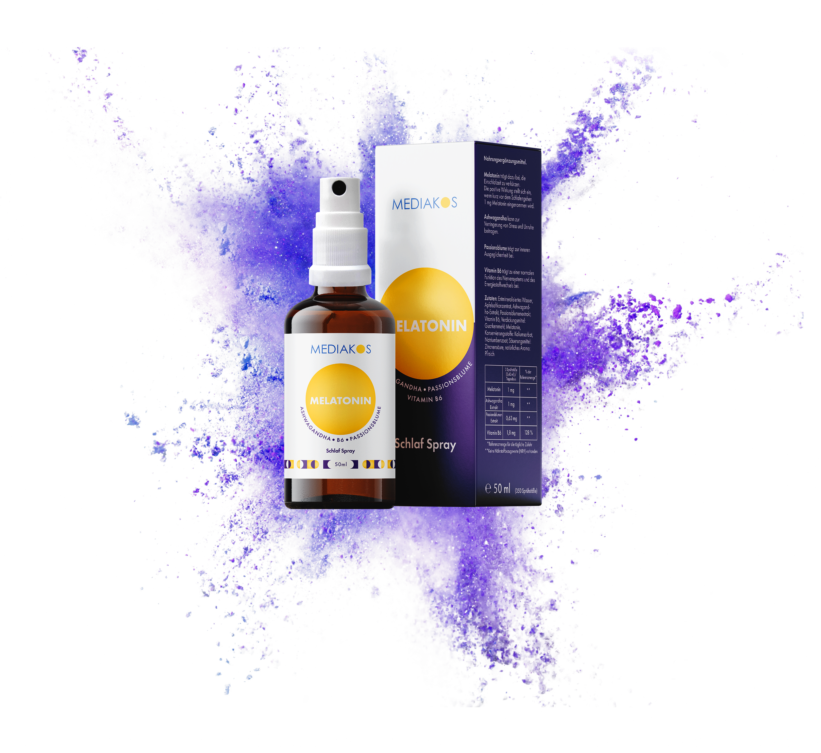 Melatonin 50 ml Lila Splash (ohne Hintergrund) Melatonin Schlaf Spray Mediakos