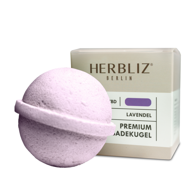 Herbliz Lavendel CBD Badekugel Produktbild mit Verpackung 16800352
