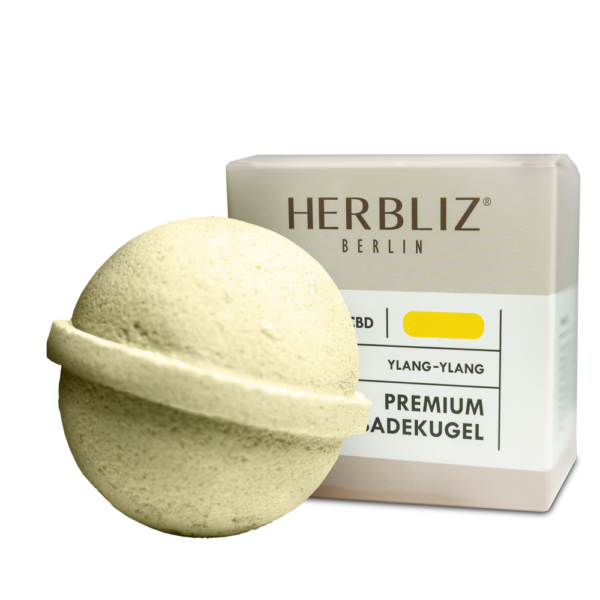 Herbliz Ylang-Ylang CBD Badekugel Produktbild mit Verpackung 16800375