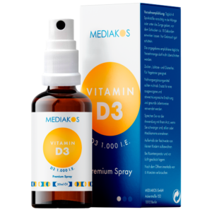 Vitamin D3 1000 I.E. Mediakos Premium Spray Produktbild mit Verpackung 17266794