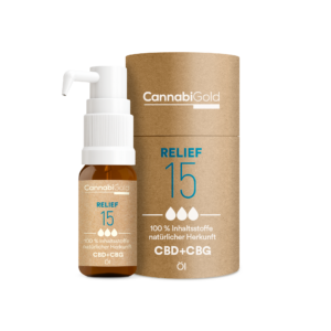 CannabiGold Relief 15 Cbd + CBD Öl Verpackung + Flasche