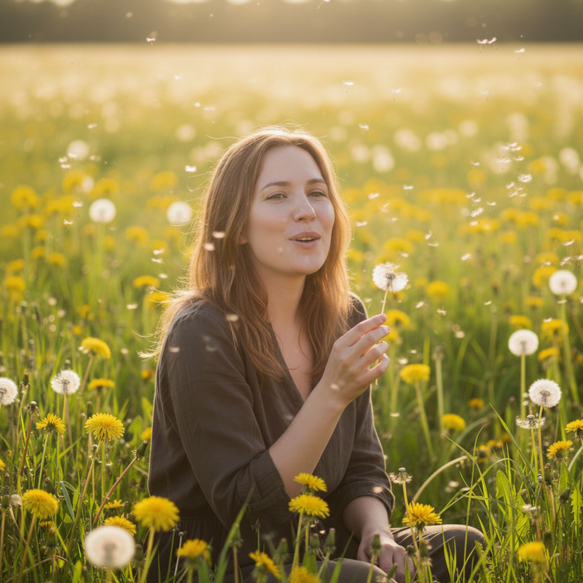 Frau im Löwenzahn-Feld mit Pusteblume