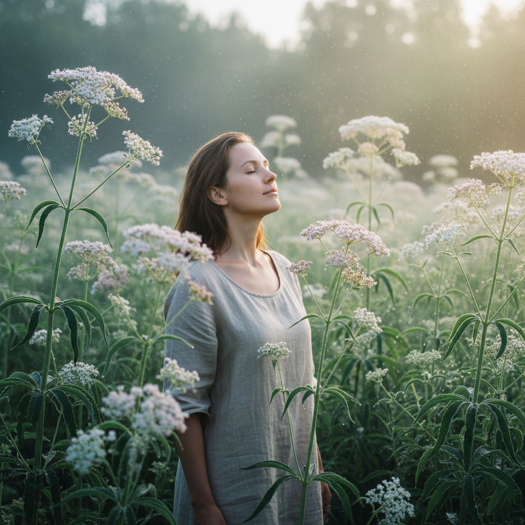 marishanti-baldrian_feld-frau Frau am Morgen in Baldrianfeld
