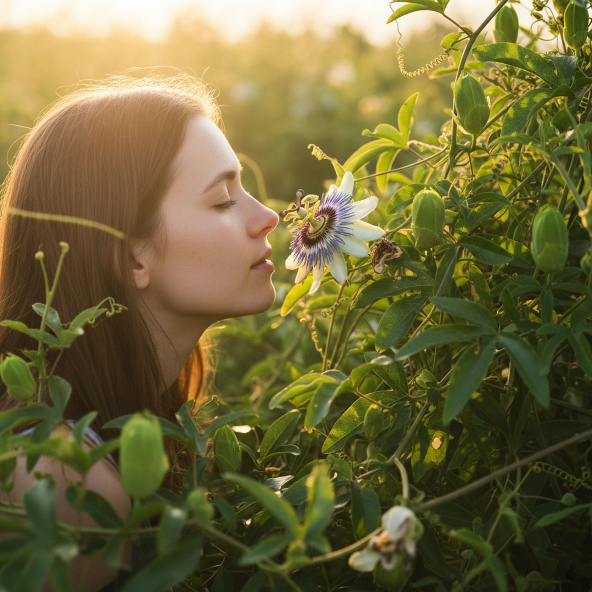 Marishanti - Frau riecht an Passionsblume
