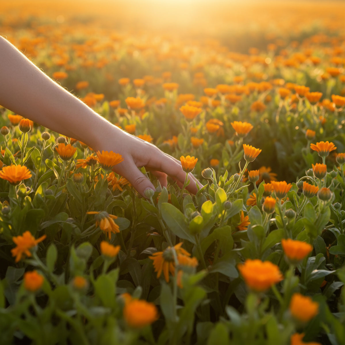 marishanti-ringelblume-hand Hand berührt Ringelblumen in Feld