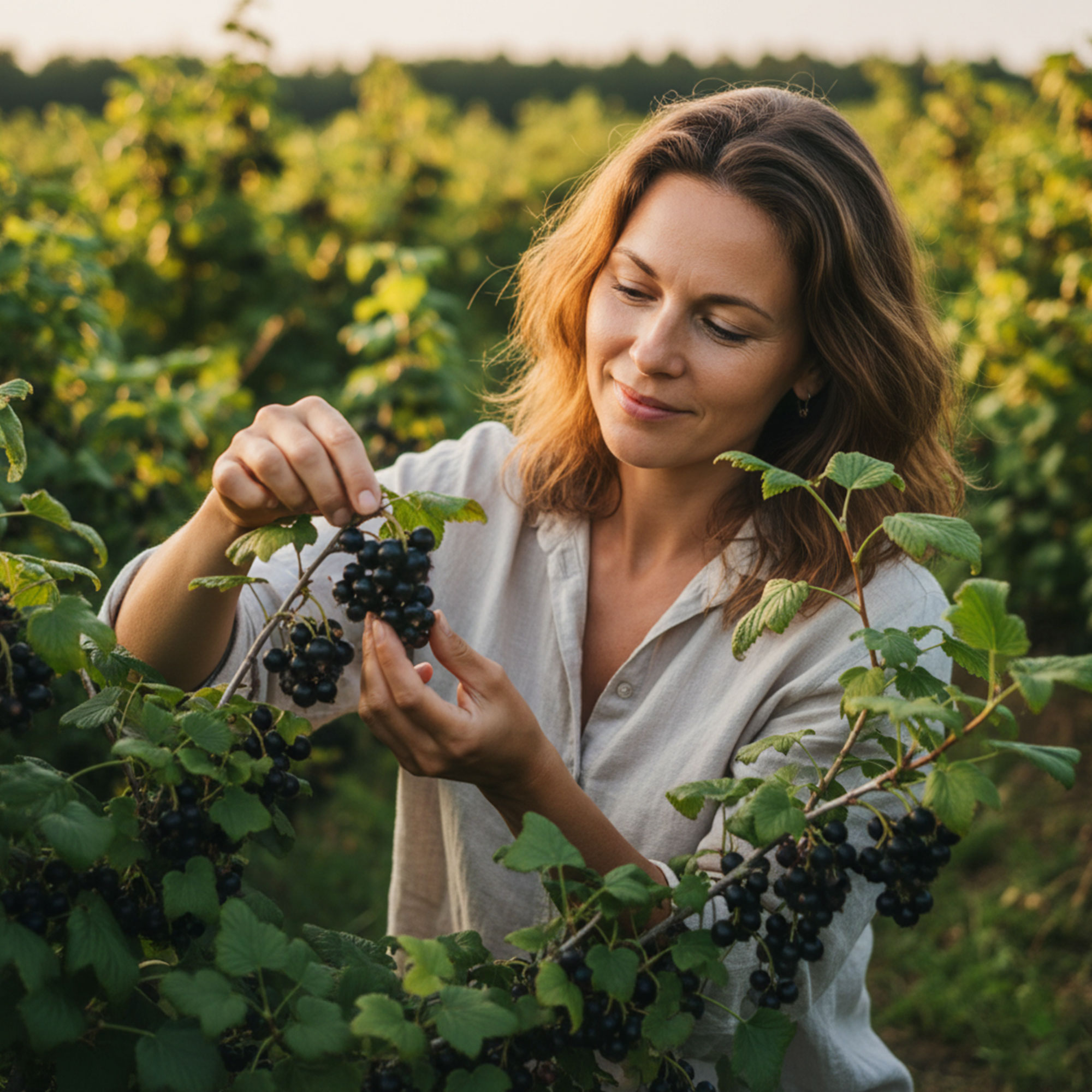 Frau erntet Schwarze Johannisbeeren