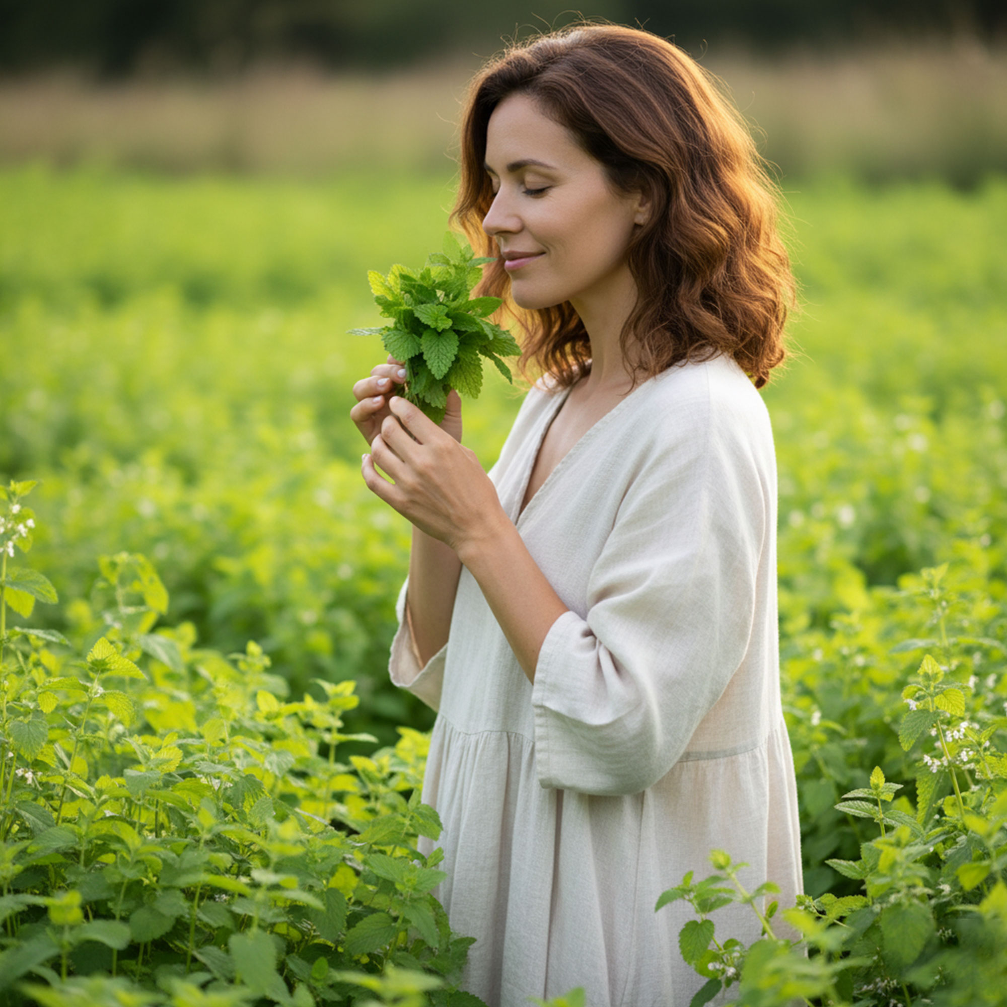 Frau auf Feld mit Melisse