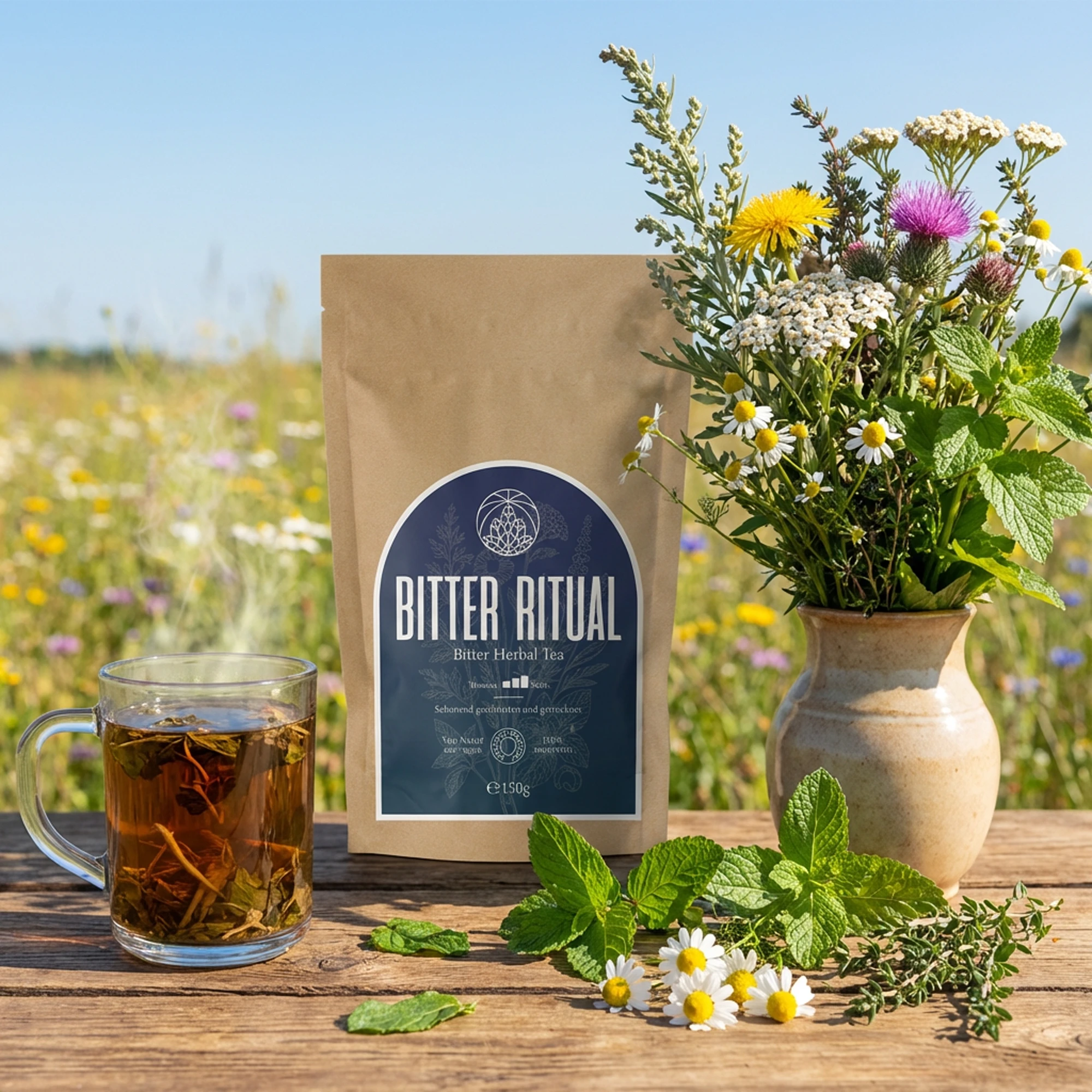 Monte Nativo Bittertee - Packung zwischen Kräutern