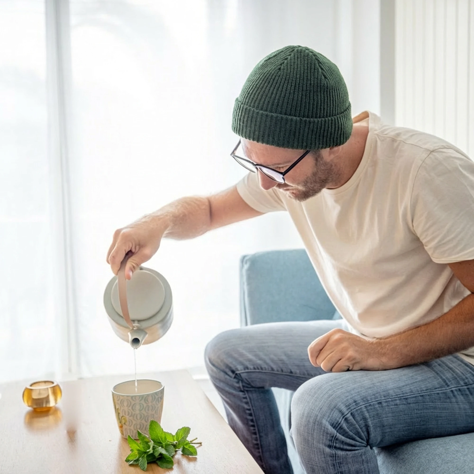 Monte Nativo - Mann gießt sich Pfefferminztee ein