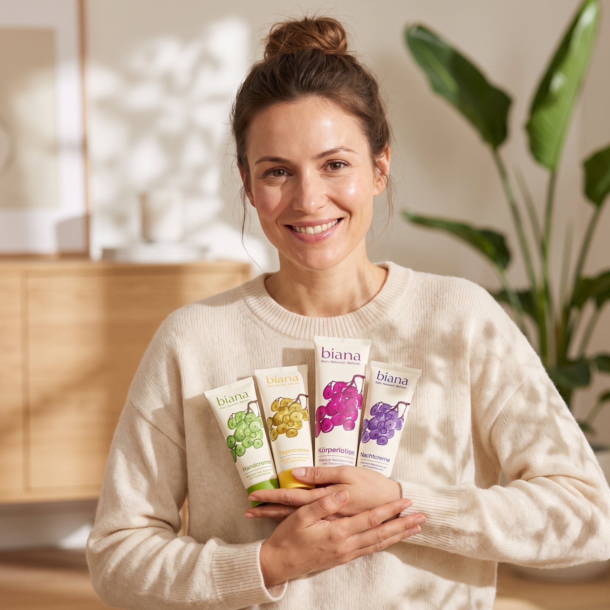 biana-all-in-one-bundle-1 Frau hält All in One Bundle von biana - Tagescreme, Nachtcreme, Bodylotion und Handcreme